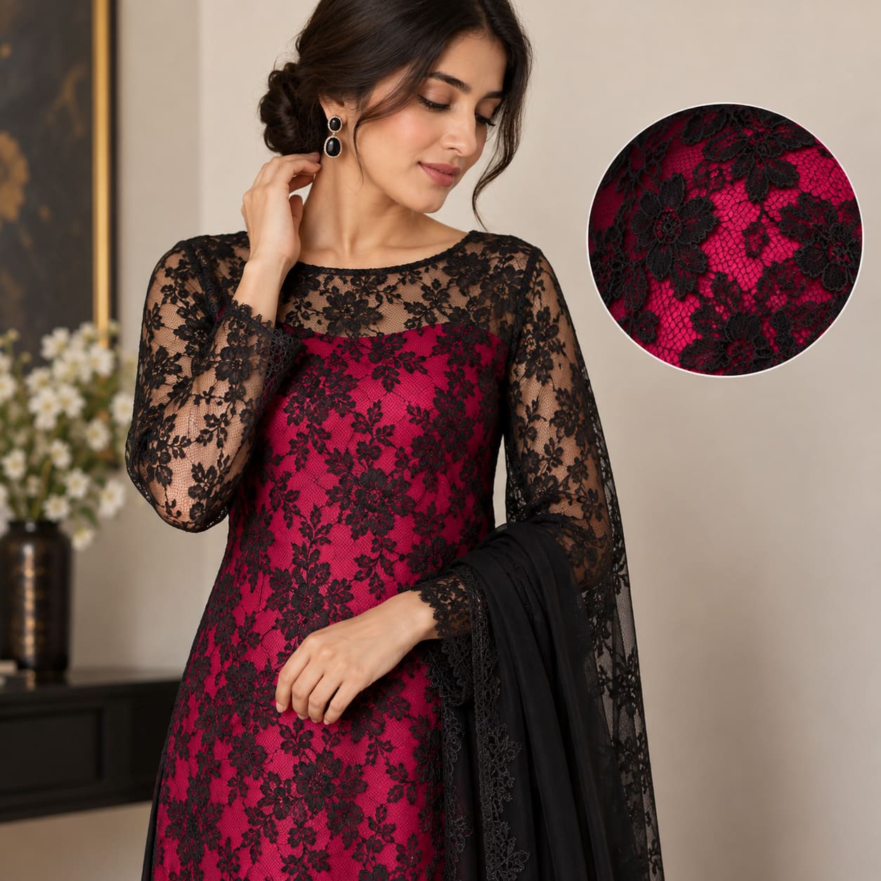 Woman wearing a black floral lace overlay with a deep pink dress underneath
